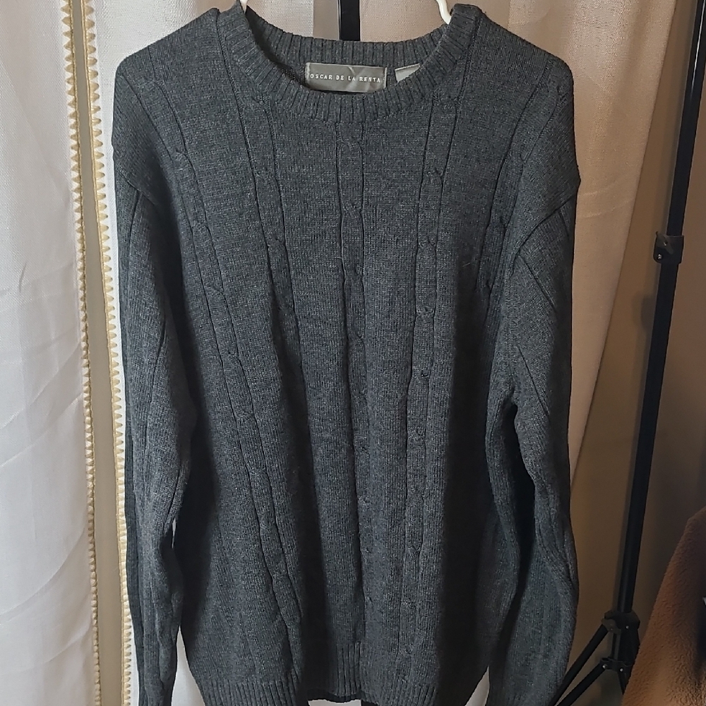Oscar De La Renta Sweater XL Charcoal Gray Cable Knit Long Sl Fisherman